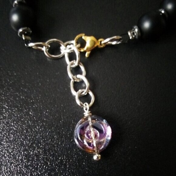 Purple + Black Iridescent Fish + Stone Beads Bracelet! 7"+ Adjust. Goth + Beachy - Picture 9 of 11